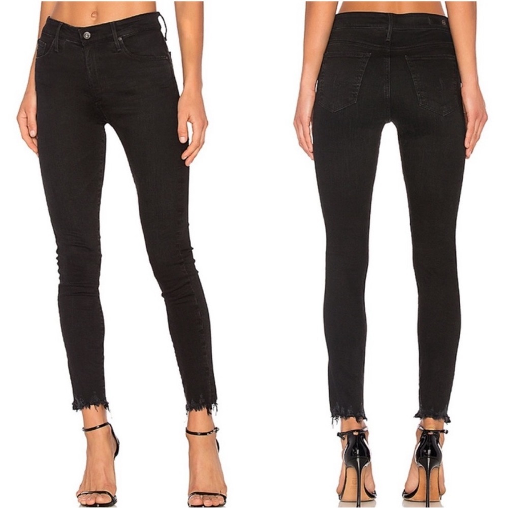 AG Adriano Goldschmied Black Farrah Ankle High Rise Skinny Distressed Fray Hem